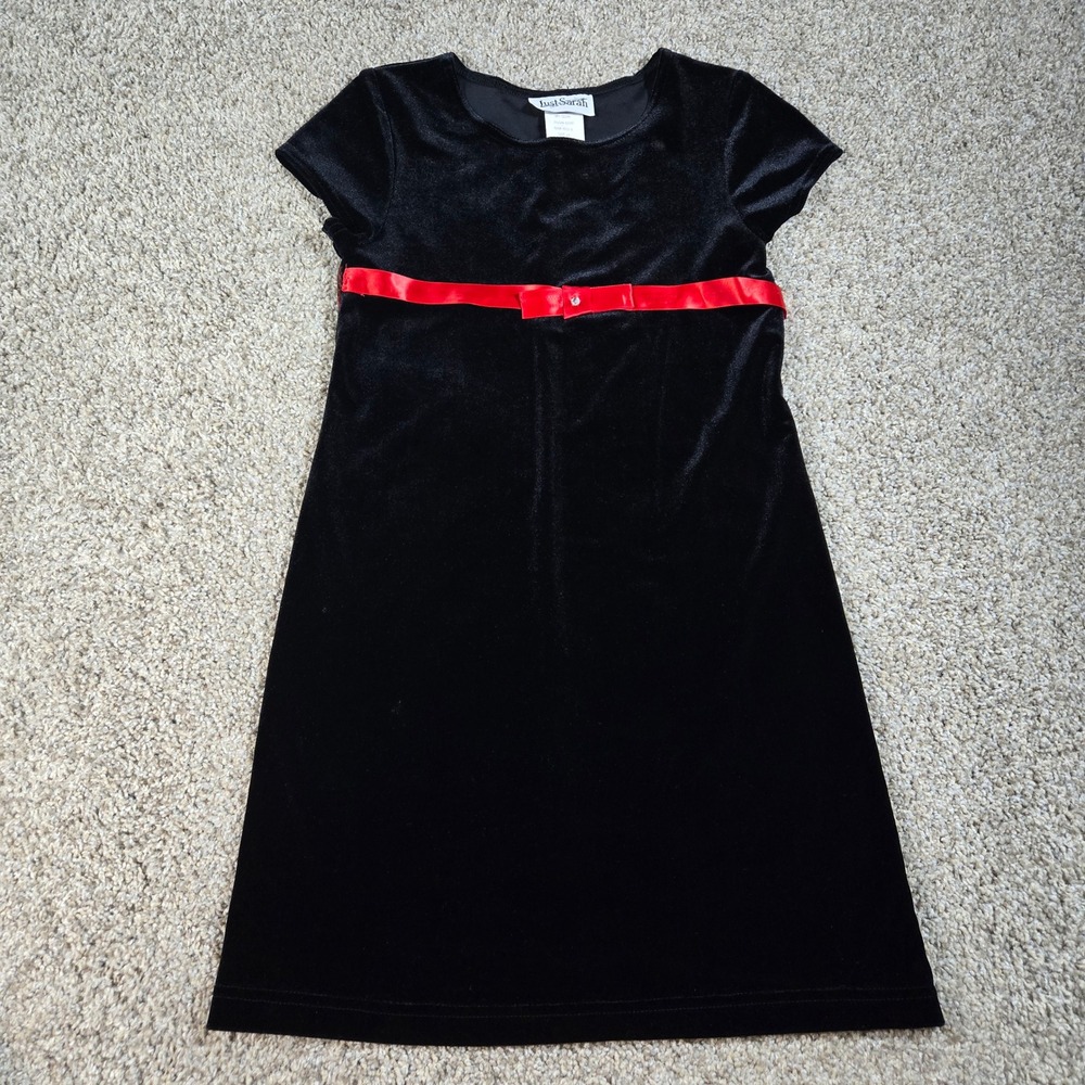 Just Sarah Vintage Girls Dress Size 14 Black Velvet Red Ribbon Holiday Christmas